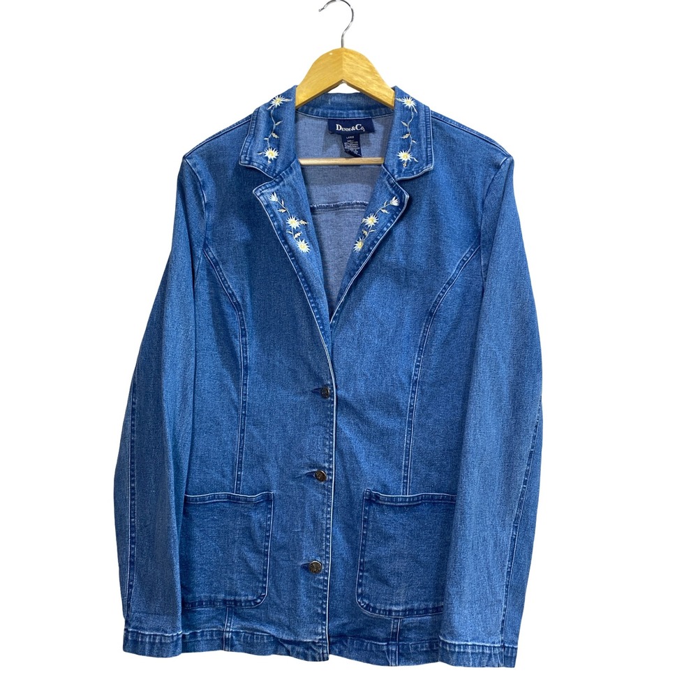 Womens Large Blue Jean Denim Blazer Daisy Floral Embroidered‎ Jacket Coat Long